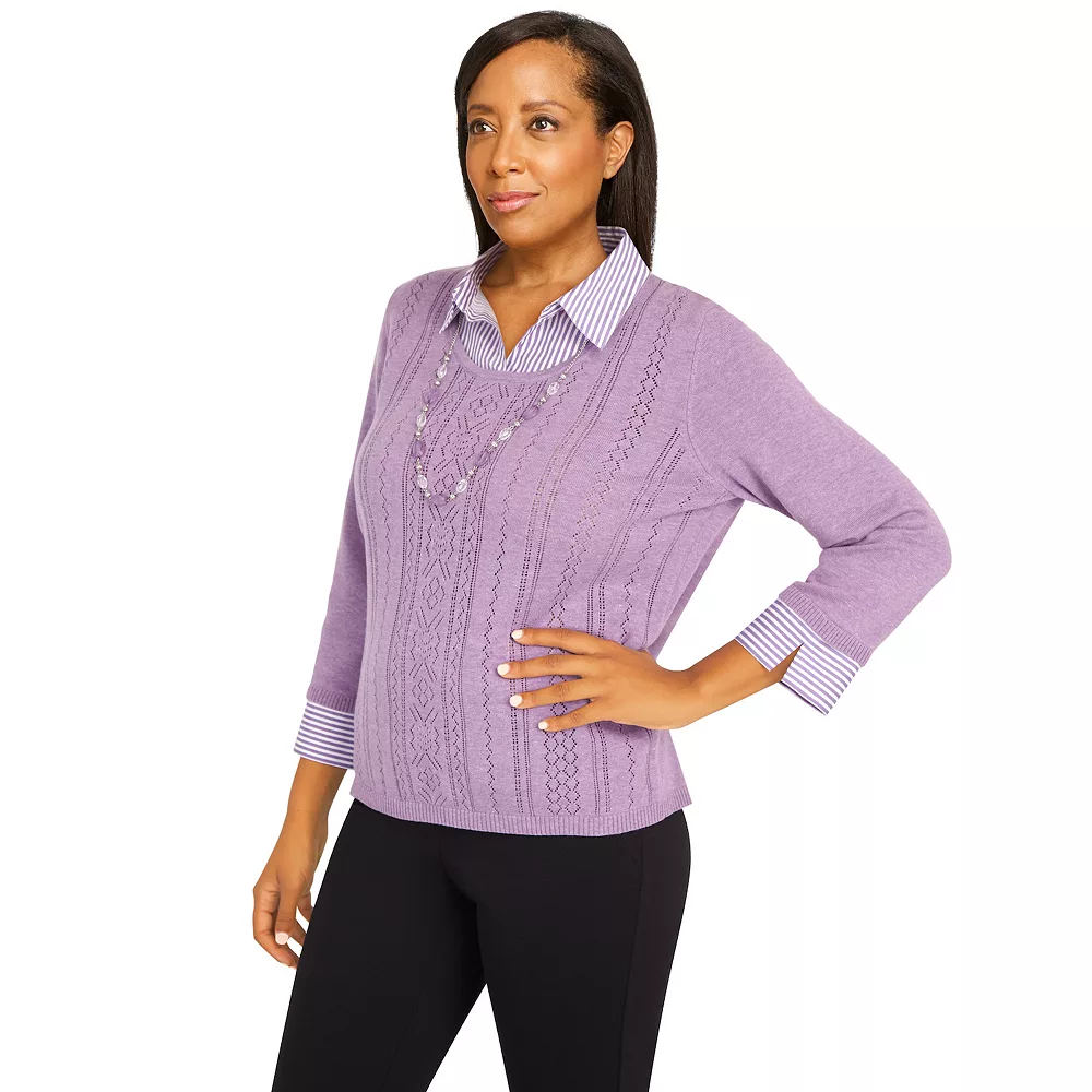 Petite Alfred Dunner Picture Perfect Pointelle Solid Stripe Woven Trim Sweater 3 Petite Alfred Dunner Picture Perfect Pointelle Solid Stripe Woven Trim Sweater - Image 3