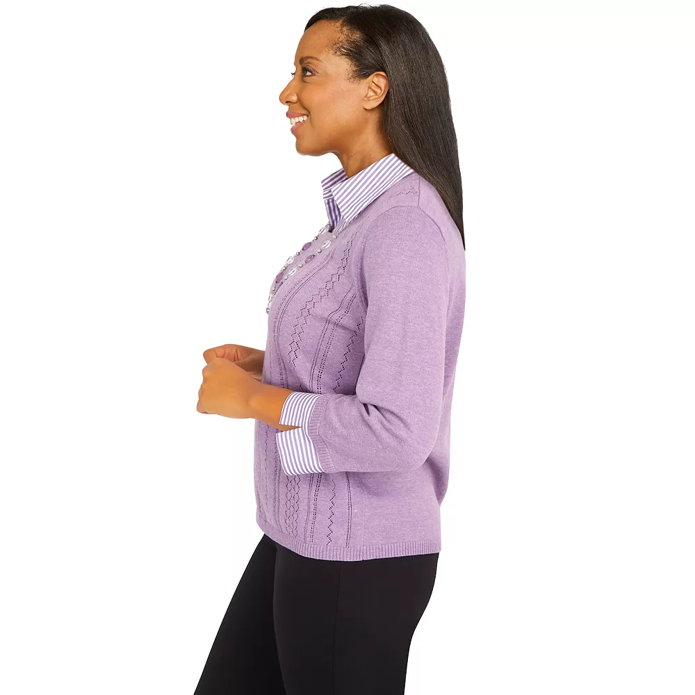 Petite Alfred Dunner Picture Perfect Pointelle Solid Stripe Woven Trim Sweater 4 Petite Alfred Dunner Picture Perfect Pointelle Solid Stripe Woven Trim Sweater - Image 4