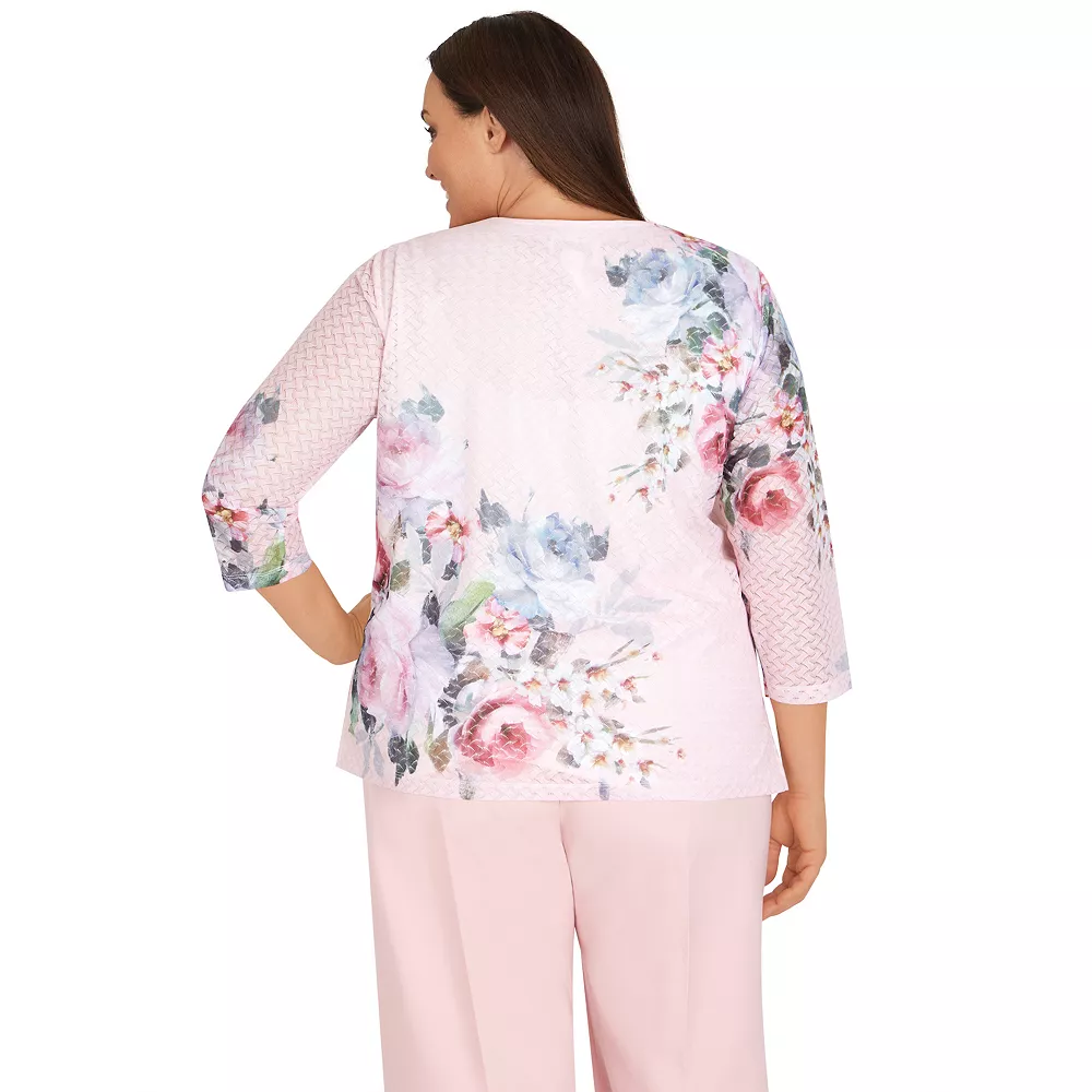 Plus Size Alfred Dunner Soft Spoken Floral Basket-Weave Textured Knit Top 2 Plus Size Alfred Dunner Soft Spoken Floral Basket-Weave Textured Knit Top - Image 2