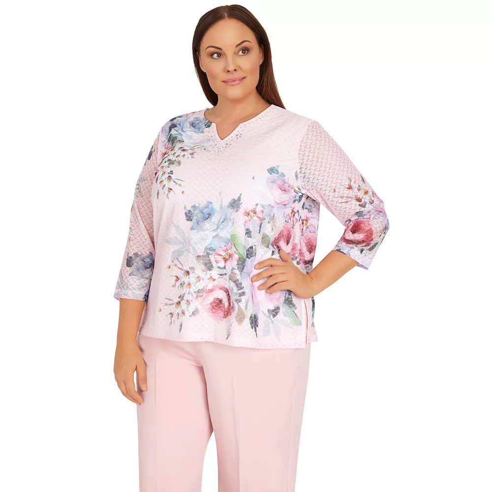 Plus Size Alfred Dunner Soft Spoken Floral Basket-Weave Textured Knit Top 3 Plus Size Alfred Dunner Soft Spoken Floral Basket-Weave Textured Knit Top - Image 3