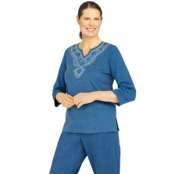 Women's Alfred Dunner Floral Park Splitneck Three Quarter Sleeve Heather Knit Top -Alfred Dunner Shop 6009731 ALT2