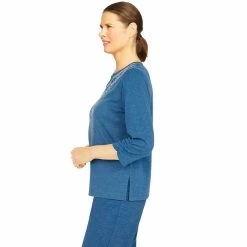 Women's Alfred Dunner Floral Park Splitneck Three Quarter Sleeve Heather Knit Top -Alfred Dunner Shop 6009731 ALT3