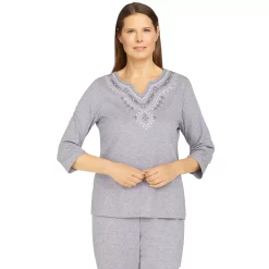 Women's Alfred Dunner Floral Park Splitneck Three Quarter Sleeve Heather Knit Top