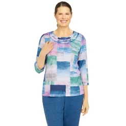 Women's Alfred Dunner Floral Park Crewneck Three Quarter Sleeve Watercolor Top