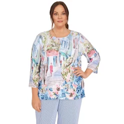 Plus Size Alfred Dunner Peace of Mind Scenic Three-Quarter Length Knit Top
