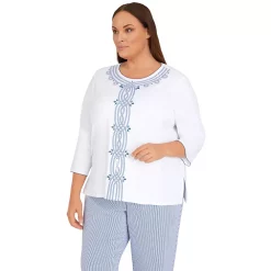 Plus Size Alfred Dunner Peace of Mind Stripe Center Three-Quarter Length Knit Top -Alfred Dunner Shop 6044984 ALT2