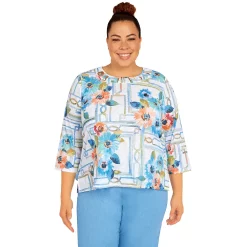 Plus Size Alfred Dunner Peace of Mind Windowpane Floral Knit Top