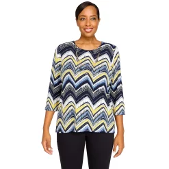 Petite Alfred Dunner Bright Idea Three-Quarter Length Zig Zag Top