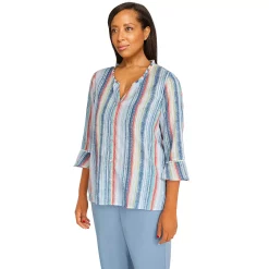 Petite Alfred Dunner Peace of Mind Striped Button Down Ruffle Sleeve Top -Alfred Dunner Shop 6045797 ALT2