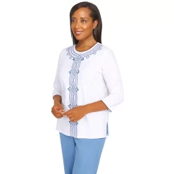 Petite Alfred Dunner Peace of Mind Stripe Center Three-Quarter Length Knit Top -Alfred Dunner Shop 6045801 ALT2