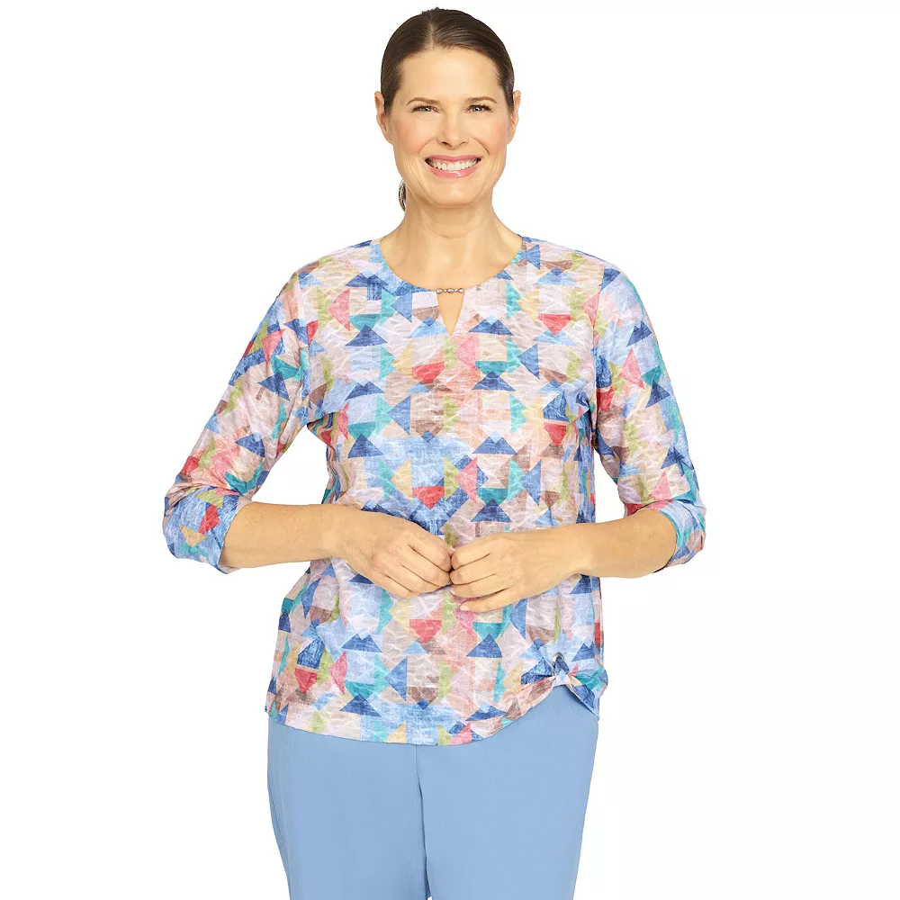 Petite Alfred Dunner Peace of Mind Geometric Texture Grommet Hem Top 1 Petite Alfred Dunner Peace of Mind Geometric Texture Grommet Hem Top