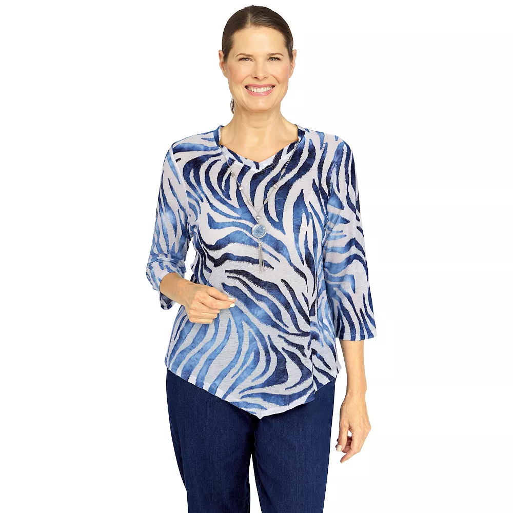 Women's Alfred Dunner Bright Idea Asymmetric Hem Burnout Tiger Print Top 1 Women's Alfred Dunner Bright Idea Asymmetric Hem Burnout Tiger Print Top