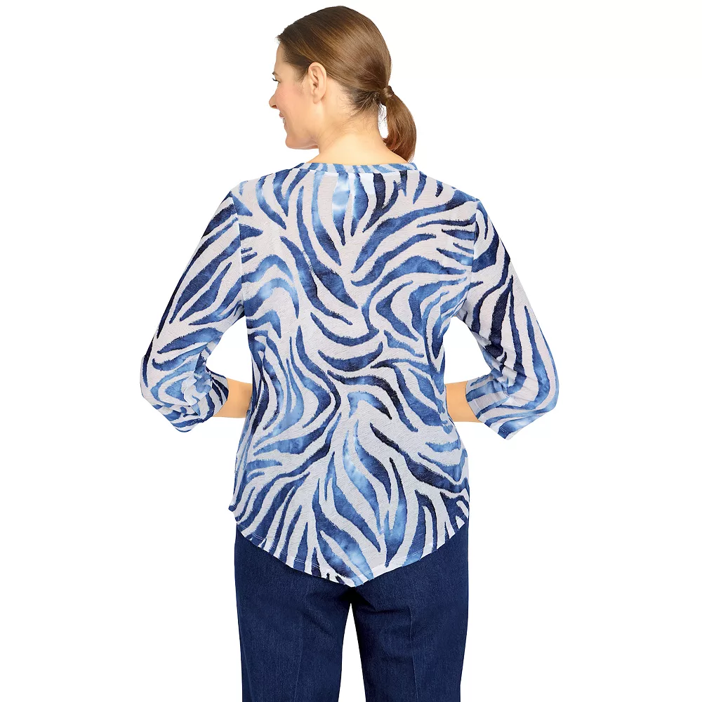 Women's Alfred Dunner Bright Idea Asymmetric Hem Burnout Tiger Print Top 2 Women's Alfred Dunner Bright Idea Asymmetric Hem Burnout Tiger Print Top - Image 2