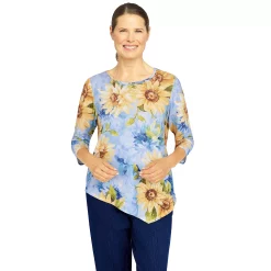 Alfred Dunner Shop 40 Women's Alfred Dunner Bright Idea Asymmetric Hem Crewneck Sunflower Top