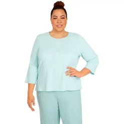 Plus Size Alfred Dunner Lady Like Pearl Twist Three-Quarter Sleeve Knit Top