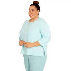 Plus Size Alfred Dunner Lady Like Pearl Twist Three-Quarter Sleeve Knit Top -Alfred Dunner Shop 6055038 ALT2