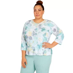 Plus Size Alfred Dunner Lady Like Watercolor Lace Neck Burnout Top -Alfred Dunner Shop 6055041 ALT2